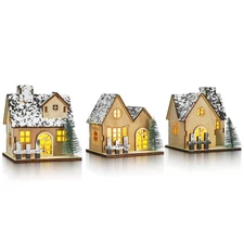 TOYANDONA 3 Pcs Christmas Village Sets - Wooden Christmas Village Houses LED ...