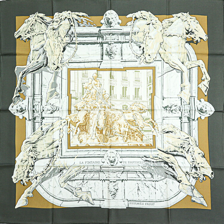 Hermes Carre90 La Fontaine De Bartoldi 100% Silk Scarf Grey White Multicolor