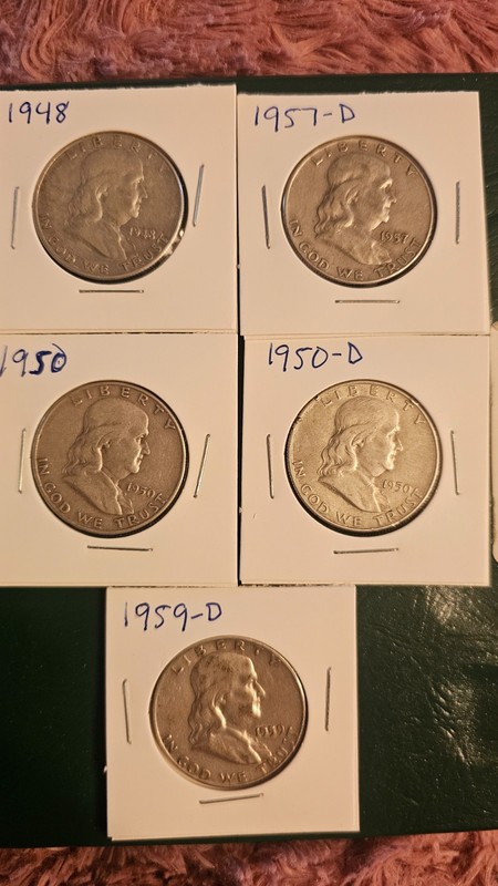 Lot of 5 Franklin Silver Half Dollars 1948 1950 1950-D 1957-S 1959-D 90%