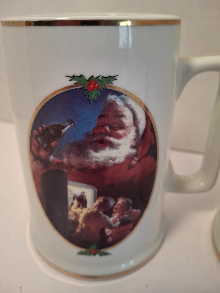 Coca Cola Santa Coffee Mugs Good Boys & Girls Santa White Gold Trim Vintage 1996 - Image 3 of 4