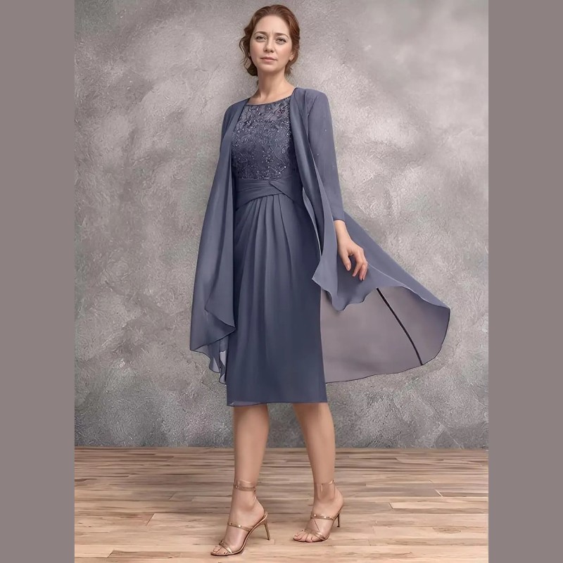 2 Piece Mother of The Bride Dress for Wedding Chiffon Lace 3/4Sleeves Tea  Length | eBay
