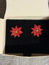 Vintage Avon Signed Red Poinsettia Pierced Earrings Christmas Enamel Goldtone