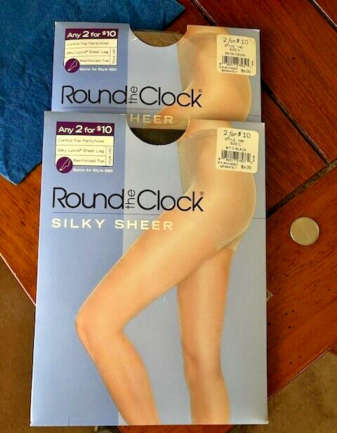2 Packages of Round the Clock Silky Sheer Control Top Pantyhose - Black & Taupe