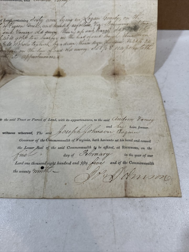 West Virginia Land Grant on Vellum 1855 Logan County RARE Signed Joseph