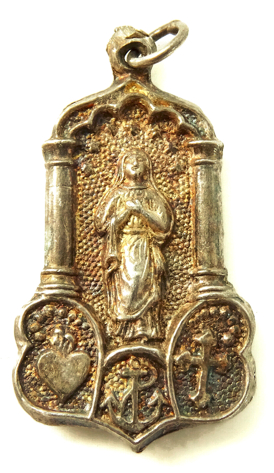 Virgin Mary Antique Puffed Silver Medal Pendant Sacred Heart Anchor