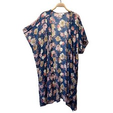 Band of Gypsies Womens Large Kimono Duster Open Front Floral Bohemian Boho Blue