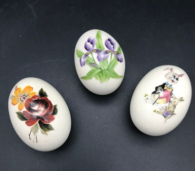 Lot of Three Hand Painted and Decorative Ceramic Easter Eggs Spring Decor