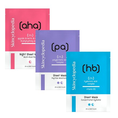 Skincyclopedia Sheet Mask, Hyaluronic, Glycolic & Polyglutamic, Anti Aging 3Pack