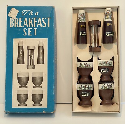 Vintage Breakfast Set Wood Base Egg Cups, Shakers, Egg Timer.  Eggcellent  Cond.