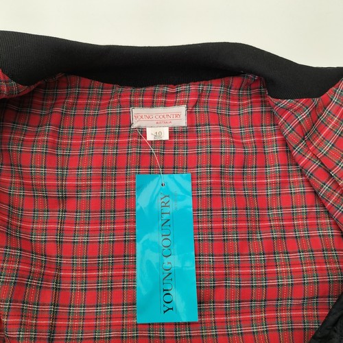 Vintage 80s Black Quilted Zip Collarless Jacket Plaid Satin Size 10 Deadstock - Picture 4 of 4