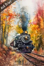 Nostalgic train scene with fall foliage watercolor Art 4x6 Print