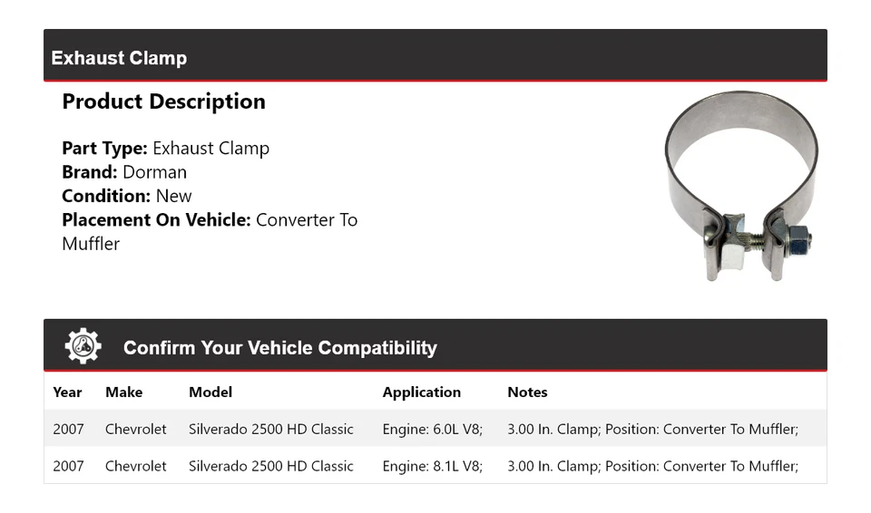 Abrazadera de escape Dorman Classic HD Classic 2007 para Chevrolet Silverado 2500 Foto 2 de 4