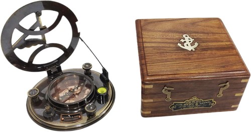 Premium Large Antique 5 Inch Sundial Compass with Rose Wooden Box Nautical Brass - Picture 2 of 8