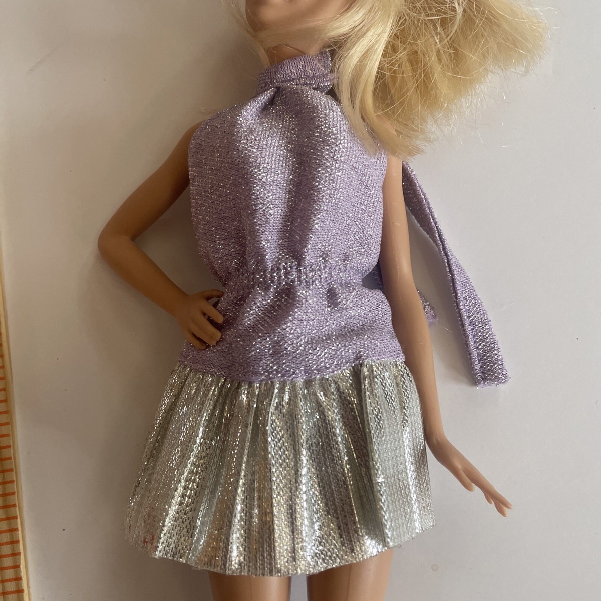 barbie halter dress Doll Fashion Fever lavender Party Fits Fashionista Metallic white blue dress