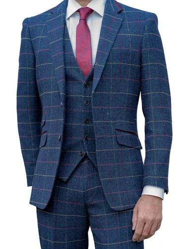 Men's Houndstooth Tweed 3-Piece Suit - Grey & Blue Plaid Vintage Slim Fit Formal Wear