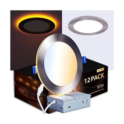 Brushed Nickel Recessed Lighting 6 Inch with Night Light (12 Pack), Canless U...