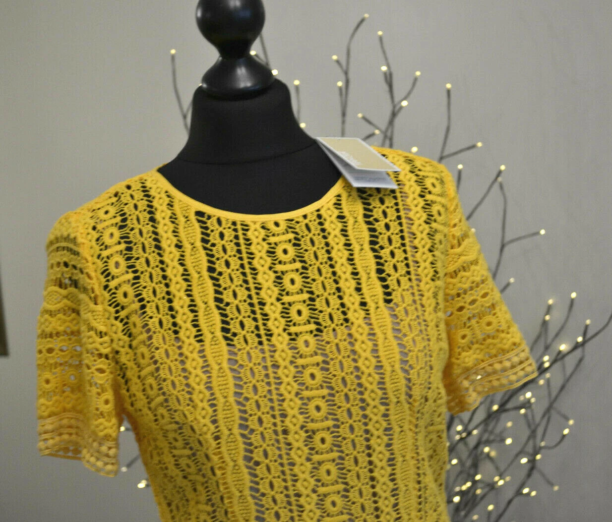 Abito donna MK Michael Kors pizzo applique giallo foderato cotone staccato tg UK 6
