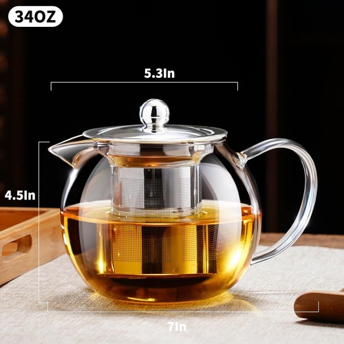 Clear Glass Tea Pot with Steel Infuser Leaf Teapot Stovetop Safe 34 OZ/1000ml - Picture 4 of 6