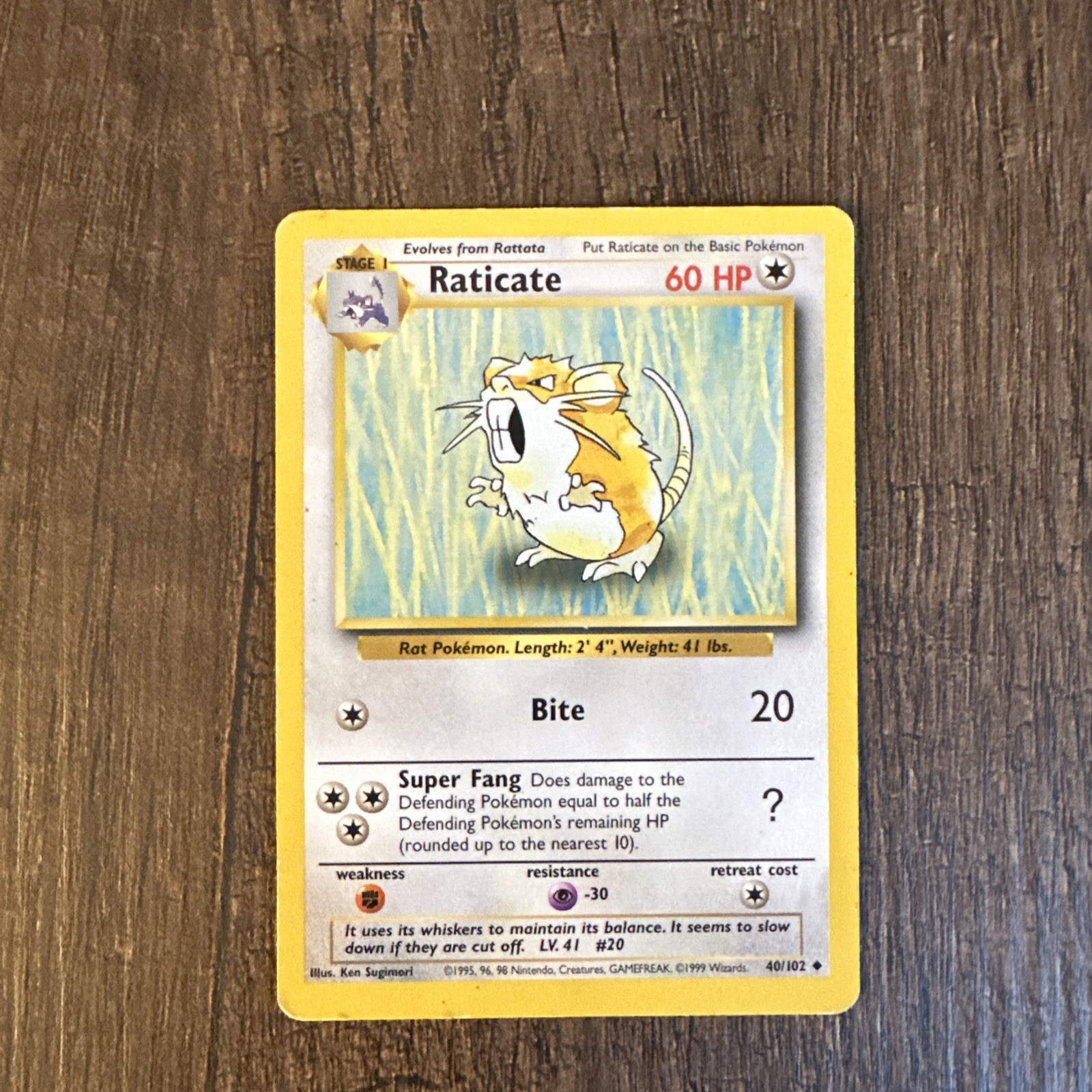 Raticate 1st Edition Base Set Shadowless 40/102 Pokemon 1999 Vintage LP