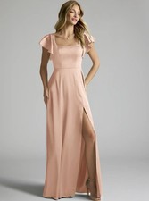 Azazie Bondi Rose Gold A-Line Bow Cap Sleeve Stretch Satin Dress