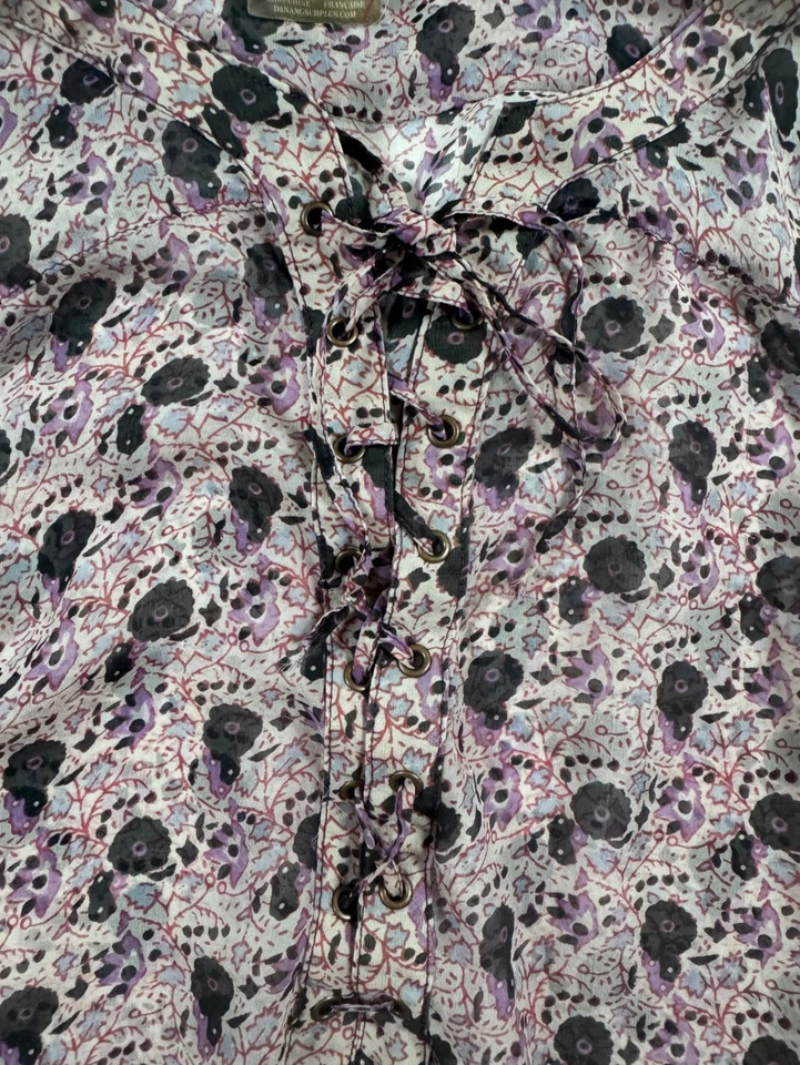 Blusa Da-Nang Mujer XS Seda Floral Con Cordones Cordón Rosa Transparente Púrpura Boho Foto 3 de 4