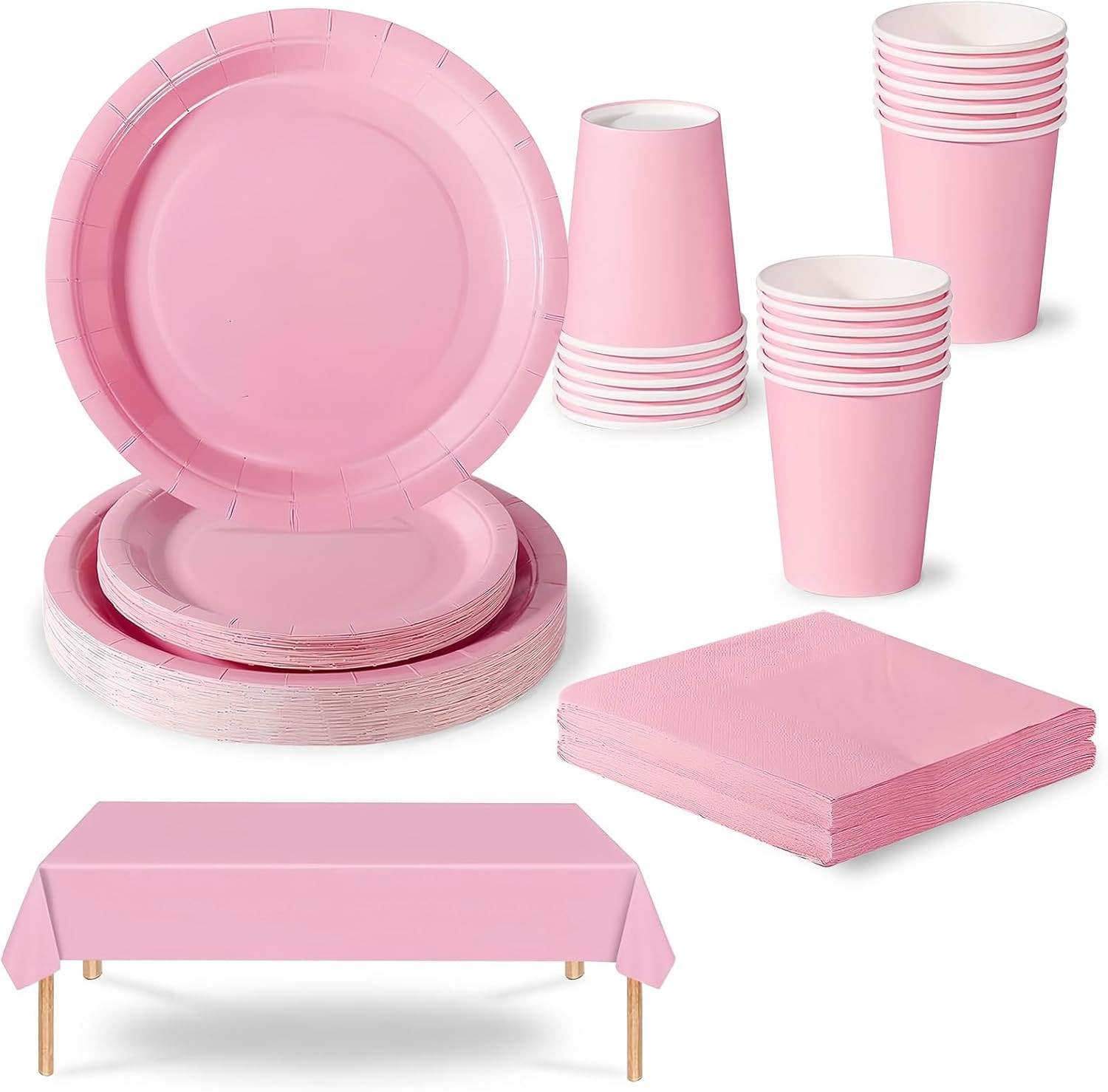 Vaisselle jetable rose en carton rigide et biodégradable, service complet 69 pièces