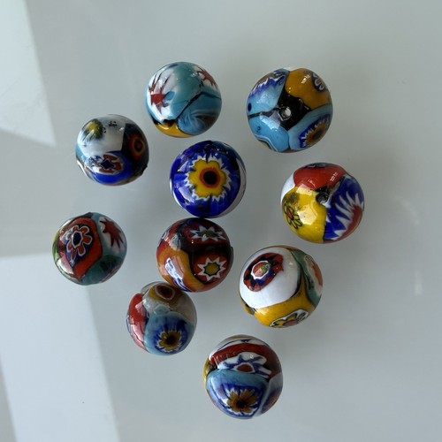 10 Venetian Murano MILLEFIORI Beads Multicolor Round Glass Vintage 11.5mm