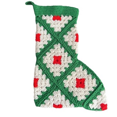 Vintage Crochet Granny Square Christmas Stocking Red Green White Large Retro EUC