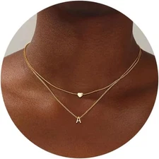 18K Gold Plated Stainless Steel Layered Heart Initial Necklace Personalized Tiny