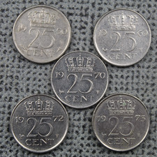 25 Cents Netherlands x5 1950  69  70  72  73 Holland Queen Juliana Nickel ø 19mm