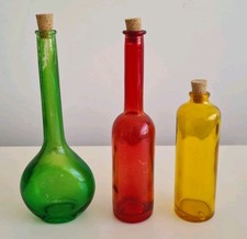 Decorative Glass Bottle Set x 3 Green Red Yellow with Cork Stoppers Home