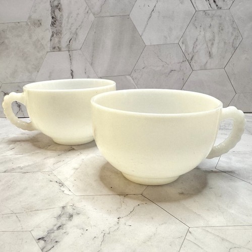 Vintage Hazel Atlas Cups Set of 2 White Milk Glass Mugs Beaded Handles in EUC