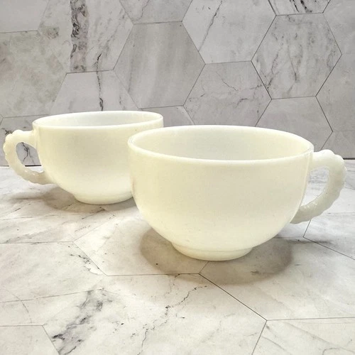 Vintage Set of 2 Hazel Atlas White Milk Glass Cups Mugs Beaded Handles in EUC