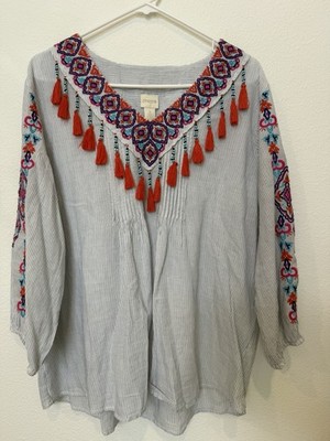 Chico's Boho Embroidered Tassel V-Neck Tunic Shirt Top Funky Art-to-Wear Sz 3XL