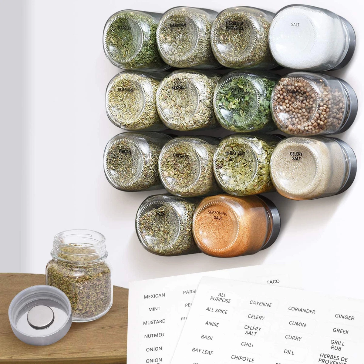 15 Pack] Large 4Oz Magnetic Spice Jars - Glass - Fridge Mounted Spice Jars  - Sp