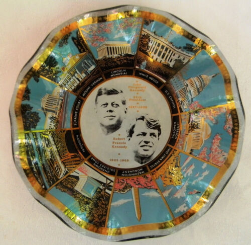 Vintage 70s Houze Art Glass JFK RFK Kennedy Commemorative Candy Dish, Wavy Edges - Picture 1 of 6