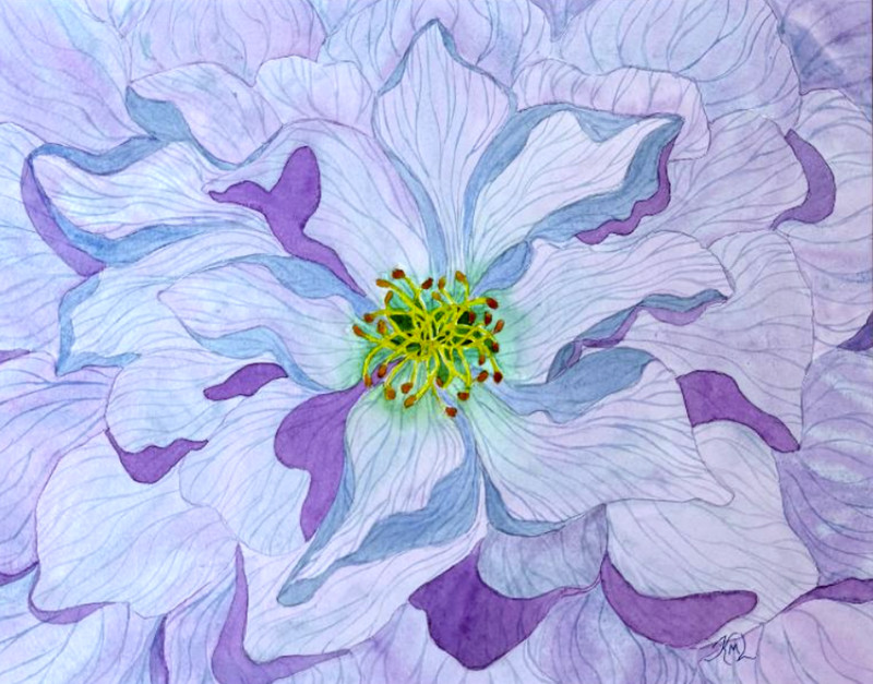 PAINTING WATERCOLOR FLOWER PEONY BLUE PURPLE  11X14 AND MAT 16X20 ORIGINAL ART