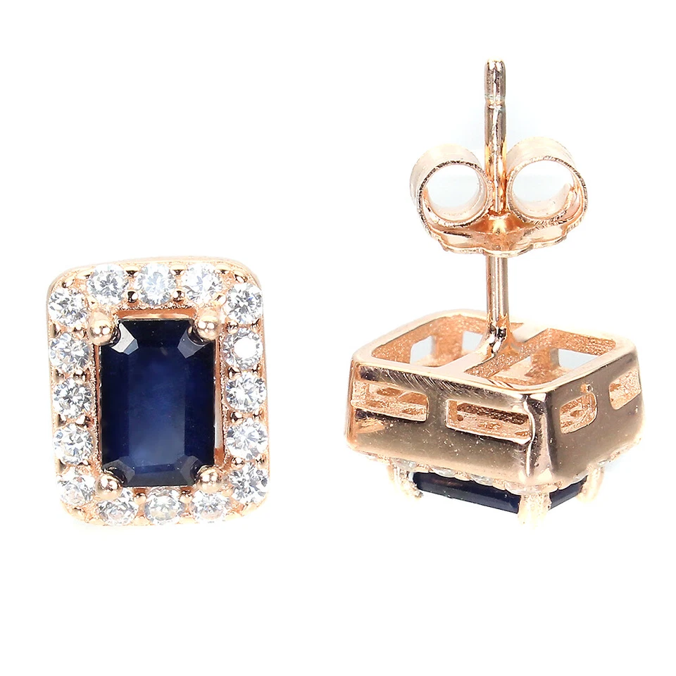 925 Sterling Silver Diffused Octagon Blue Sapphire 6x4mm Simulated Cz Earrings - Image 3 of 4