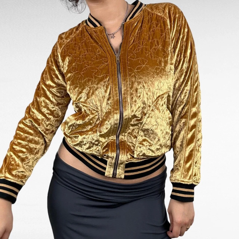 Chaqueta bomber años 2000 terciopelo dorado metálico patrón estrella Foto 2 de 4