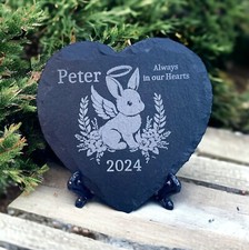 Customized Rabbit Memorial Plaque Natural Slate Heart Shape Engraved Dates