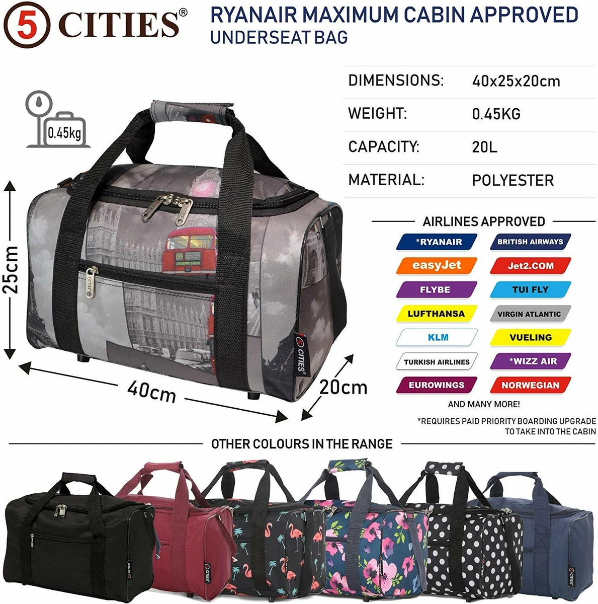 5 Cities New 2022 Ryanair 40 20 x 25 Max Size Holdall Bag Cabin on Bag 5038230155059 | eBay