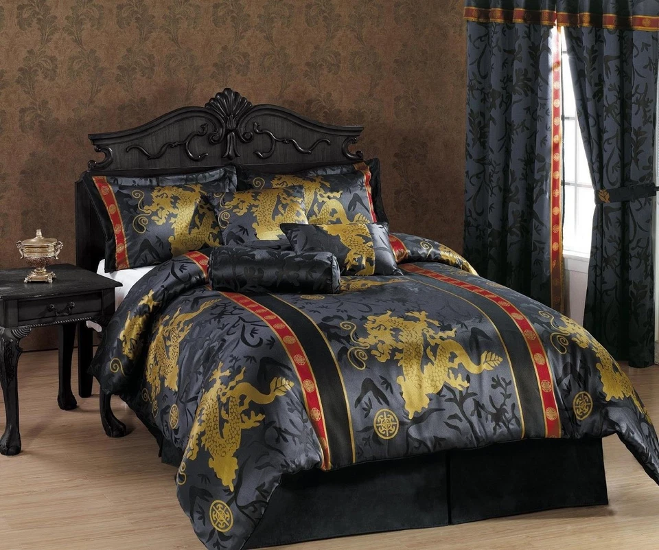 7-Piece Black/Gold/Red Palace Asian Jacquard Dragon Comforter Set - Image 2 of 4