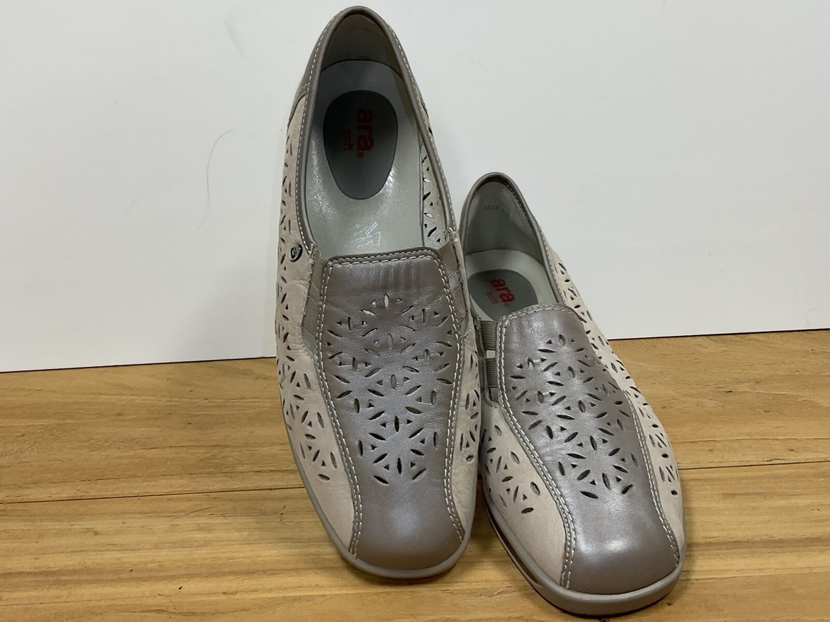 Ara Luftpolster Soft Leather Cutout Slipon Beige and Grey Shoes Size
