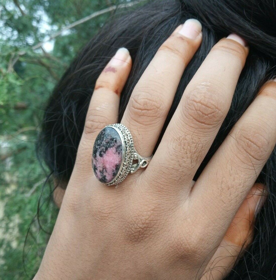 Rhodonite Ring, 925 Silver, Oval Stone Ring, Dainty Ring Rhodonite Ring, 925 Silver, Oval Stone Ring, Dainty Ring