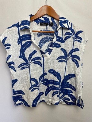Tahari Womens Linen Short Sleeve Top Size M Boxy Crop Tropical Beachy Coastal