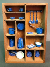 Vintage Doll Furniture Blue Enamel Kitchen Pots and Pans in Cupboard Decoration