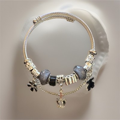 Silver Charm Bracelet Adjustable Cable Chain Animal Dangle Black Glass Beads