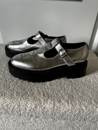 Celine Mary Jane Silver/Black Leather Buckle Shoes EU 39 Women Casual