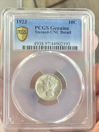 1923-P MERCURY SILVER DIME 10C ~ PCGS GENUINE STAINED (REVERSE) - UNC DETAIL