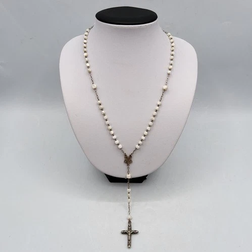 Solid Silver Rosary Boar Hure and Mother of Pearl Late 19th Century